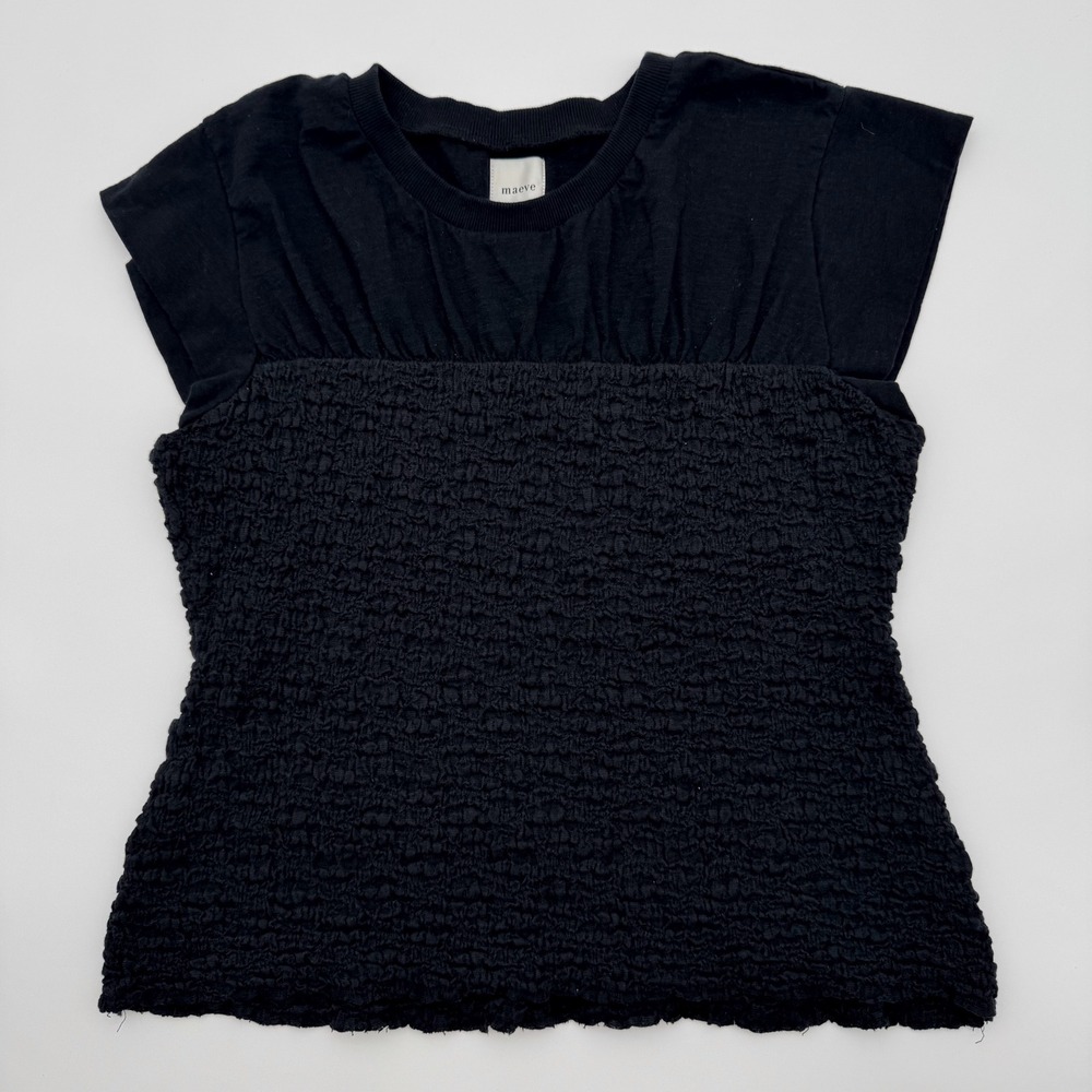 Maeve Anthropologie Black Smocked Mixed Media Cap Sleeve Top Large